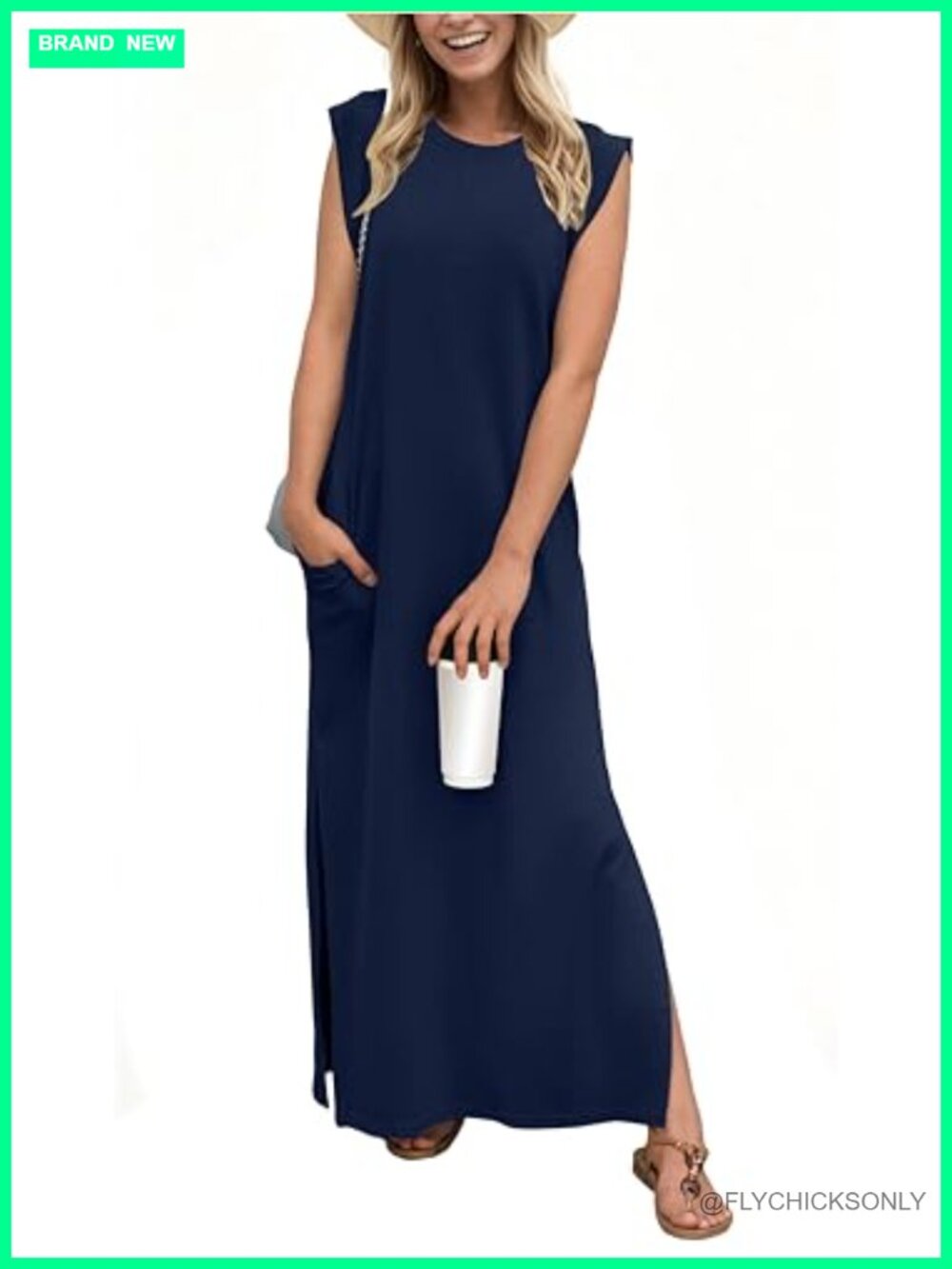 Rayon Blend Maxi Dress with Pockets Sleeveless Side Slit Casual